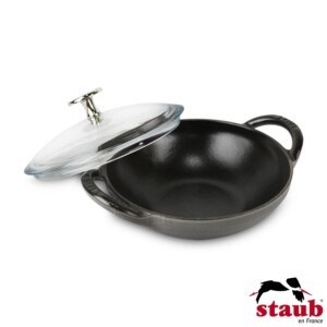 Baby Wok com Tampa de Vidro 16cm Preta Staub Specialties de Ferro Fundido