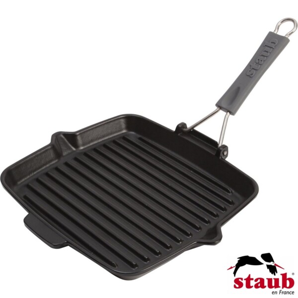 Grelha Quadrada 24cm com Cabo de Silicone Removível Preta Staub Grill Pans de Ferro Fundido