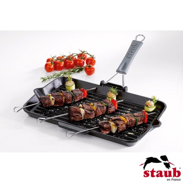 Grelha Retangular 34x21cm com Cabo de Silicone Removível Preta Staub Grill Pans de Ferro Fundido