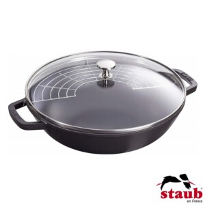 Wok com Tampa de Vidro 30cm Preta Staub Specialties de Ferro Fundido