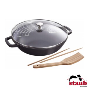 Wok com Tampa de Vidro 30cm Preta Staub Specialties de Ferro Fundido