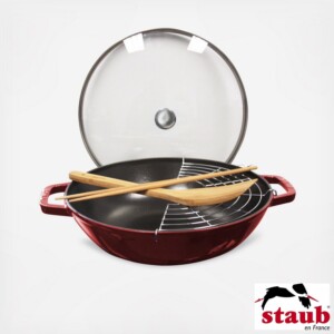 Wok com Tampa de Vidro 30cm Vermelha Granada Staub Specialties de Ferro Fundido