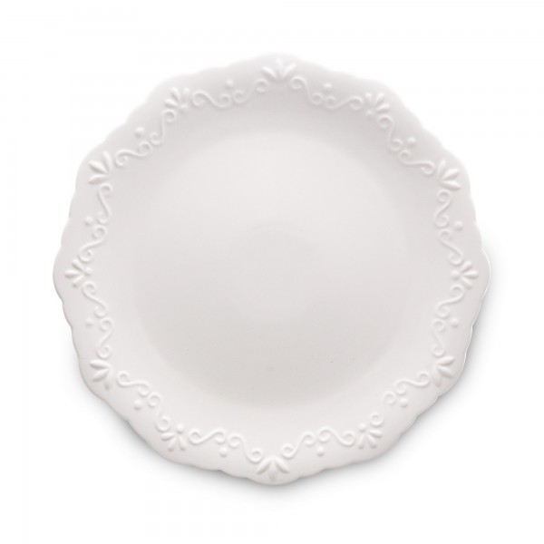 Jogo de Prato Raso Wolff Alto Relevo Durable Porcelain Branco 27cm 6 Peças de Porcelana