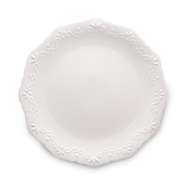 Jogo de Prato Raso Wolff Alto Relevo Durable Porcelain Branco 27cm 6 Peças de Porcelana