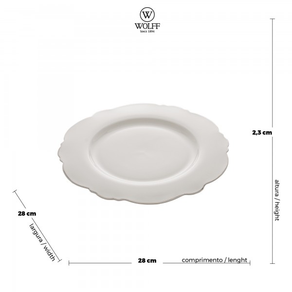 Jogo de Prato Raso Wolff Maldivas Fio Prateado Branco 28cm 6 Peças de Porcelana