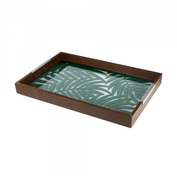 Bandeja 47cm Woodart Leaves Verde de Madeira e Vidro