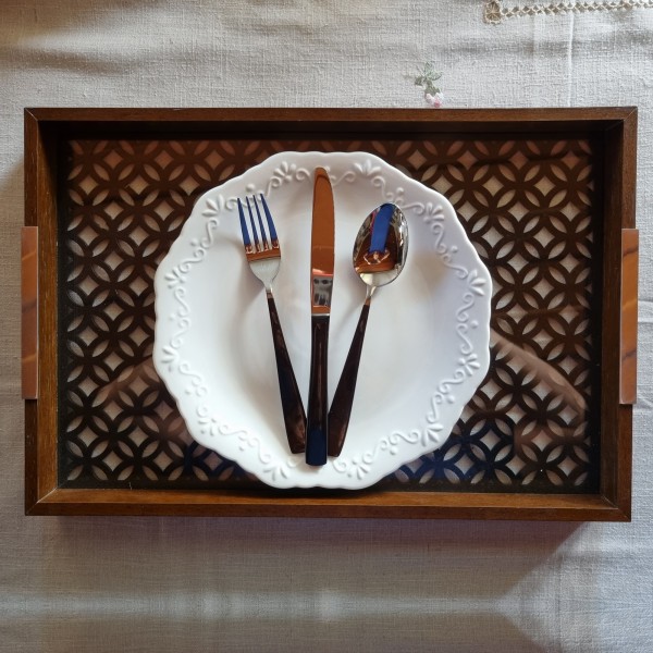 Bandeja 47cm Woodart Star Preta de Madeira e Vidro