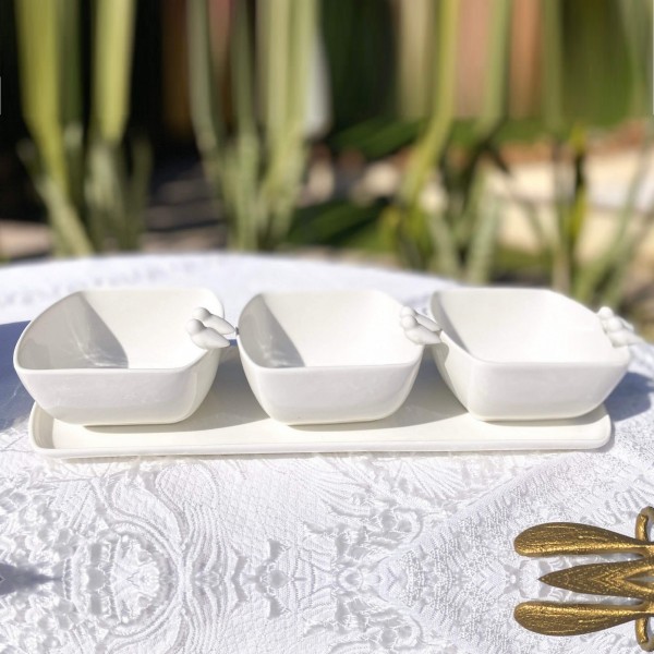 Conjunto com 3 Petisqueiras e Bandeja Wolff Birds de Porcelana Branca 7 Peças